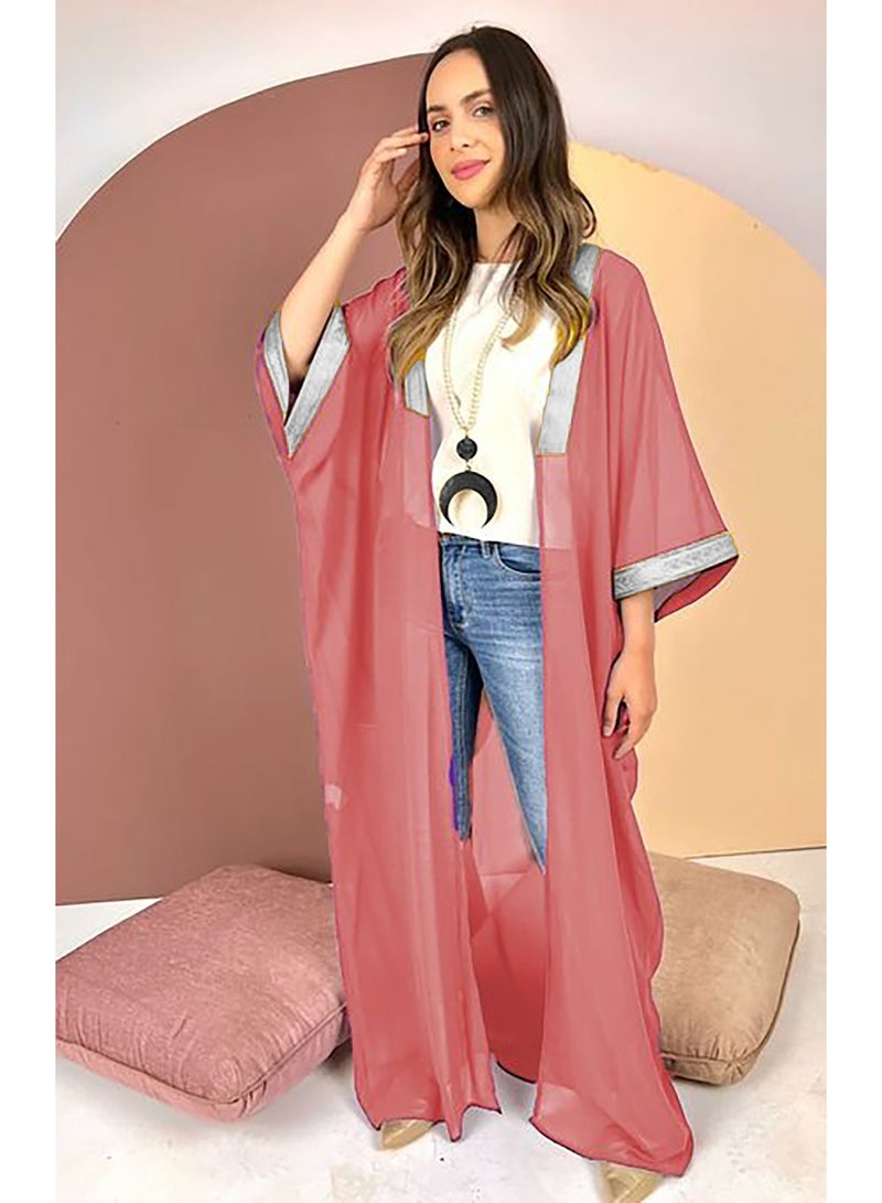 SunSet Kaftan Abaya Silver Embroidered Chiffon Sunset orange - Image 1